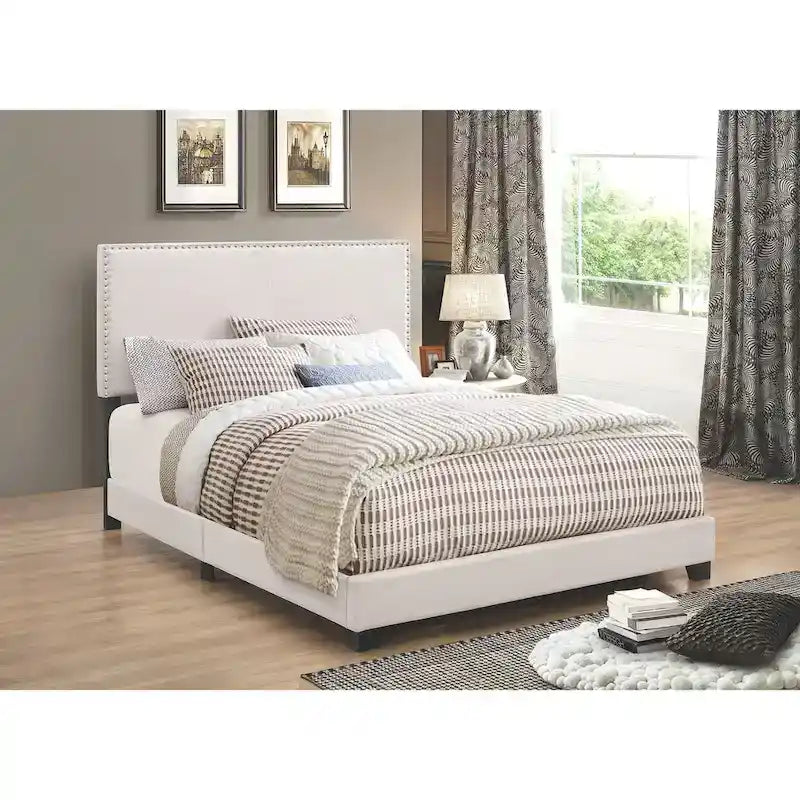 Modern Design Ivory Upholstered Bed with Nailhead Trim