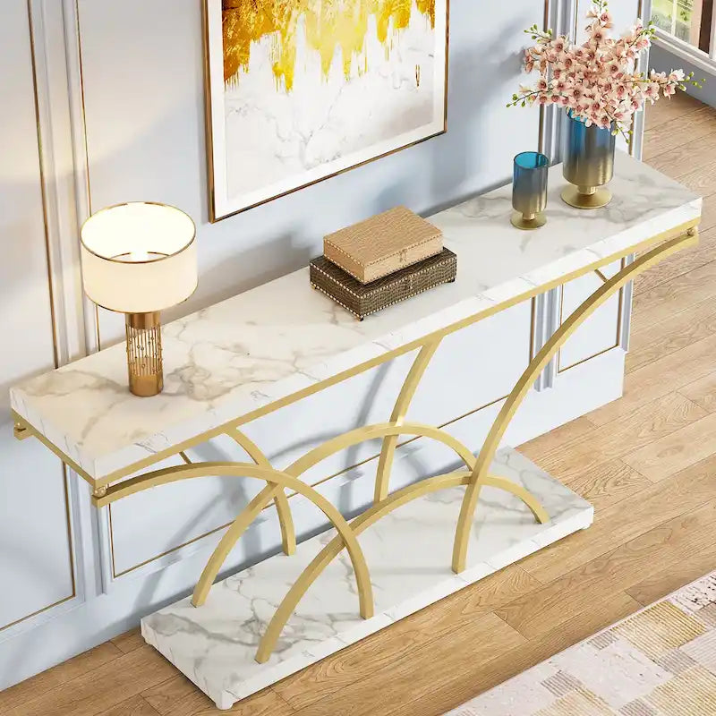 70.9 Faux Marble Console Sofa Table with Half-Moon Shaped Metal Legs for Entryway, Accent Tables for Living Room