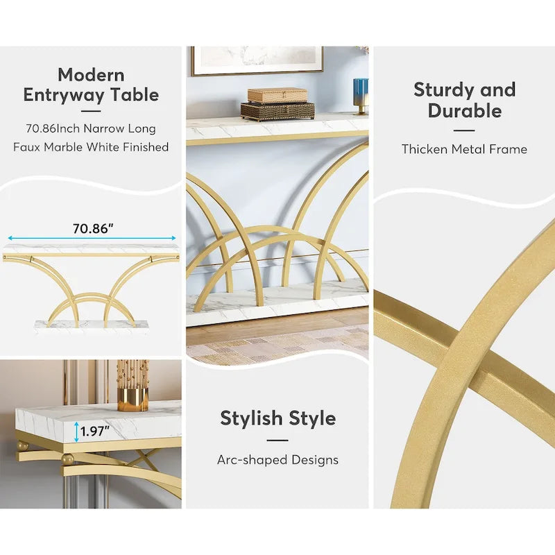 70.9 Faux Marble Console Sofa Table with Half-Moon Shaped Metal Legs for Entryway, Accent Tables for Living Room