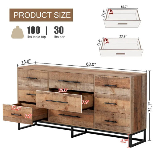 9 Drawers Chest Of Dresser Storage Cabinet Retro Organizer