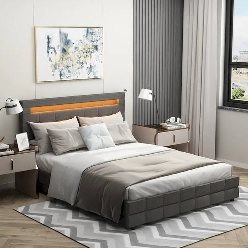 60.6 Queen Bed Frame with Drawers LED Bed Frame USB Charging Station