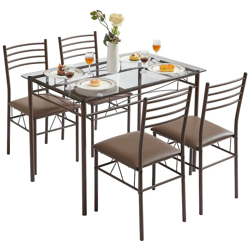 5-pieces Modern Dining Sets,Tempered Glass Table Top and 4 PU Chairs