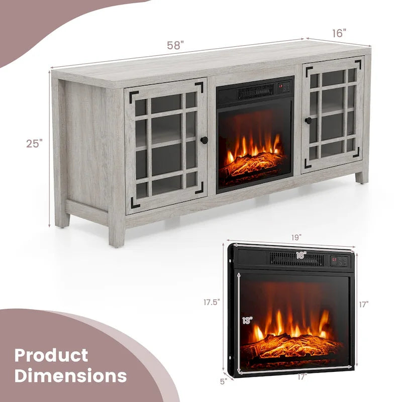 58 Inch Fireplace TV Stand with 3-Position Adjustable Shelves and 2 Cabinets with Doors