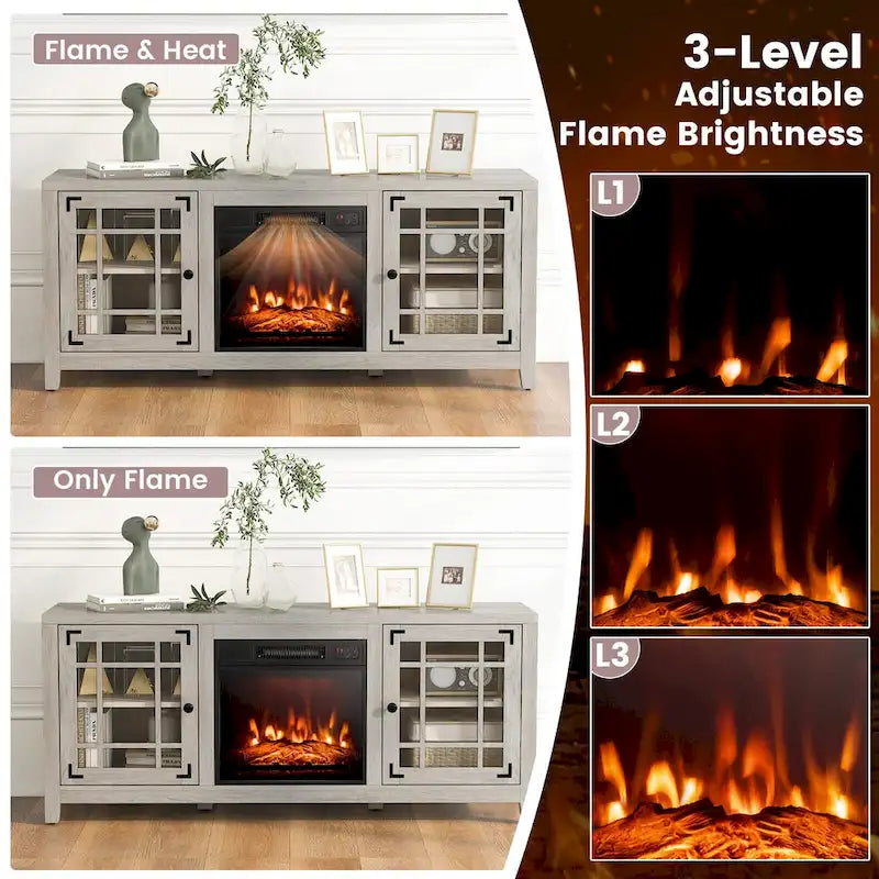 58 Inch Fireplace TV Stand with 3-Position Adjustable Shelves and 2 Cabinets with Doors