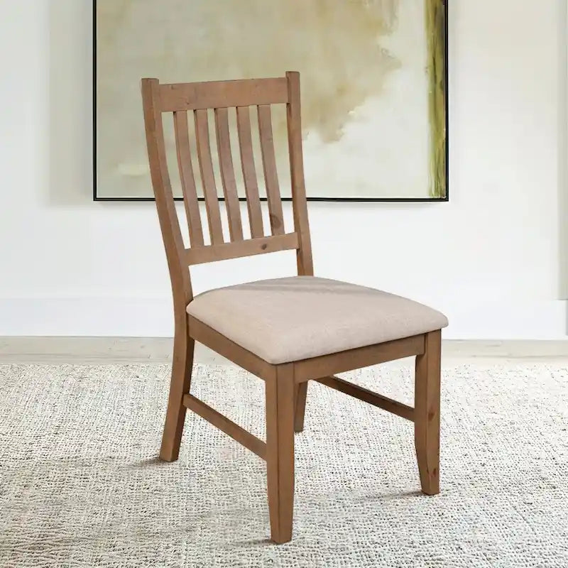 Set of 2 Dining Side Chair, Slatted Back, Beige Cushion, Brown - 20 L x 23.5 W x 39.5 H