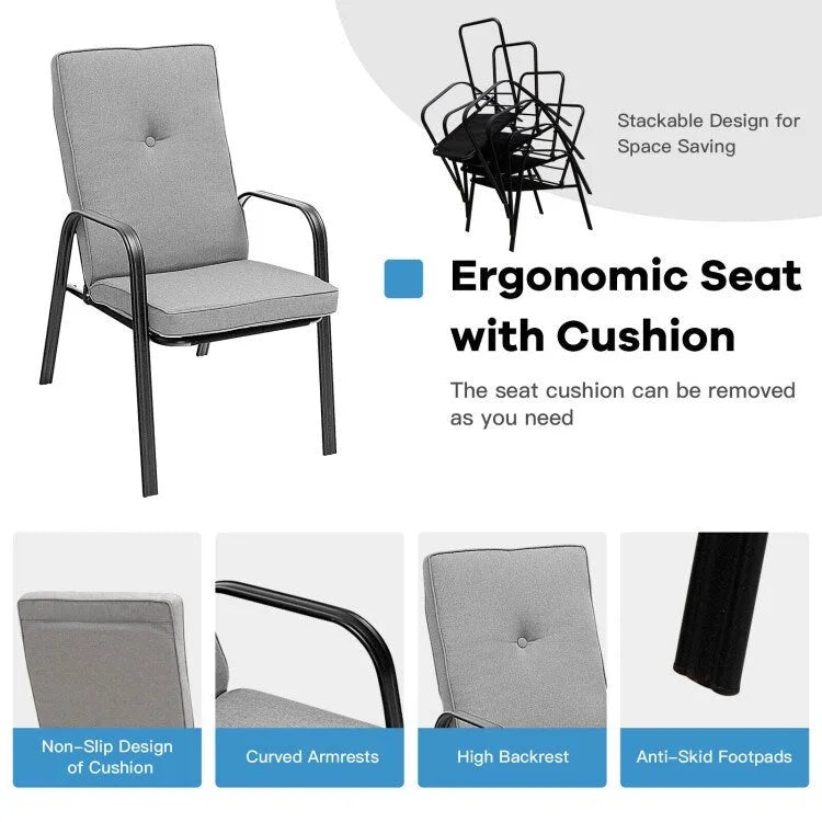 4 Patio Dining Stackable Chairs Set with High-Back Cushions - 29 x 22 x 35.5 (L x W x H)
