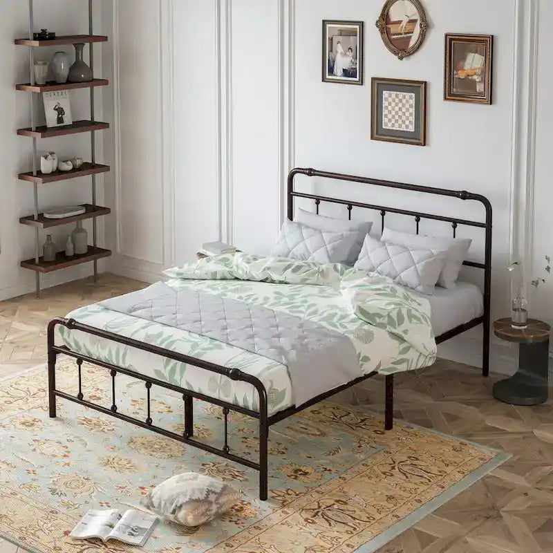 Metal Platform Bed Frame with Wrought Iron-Art Headboard/Footboard