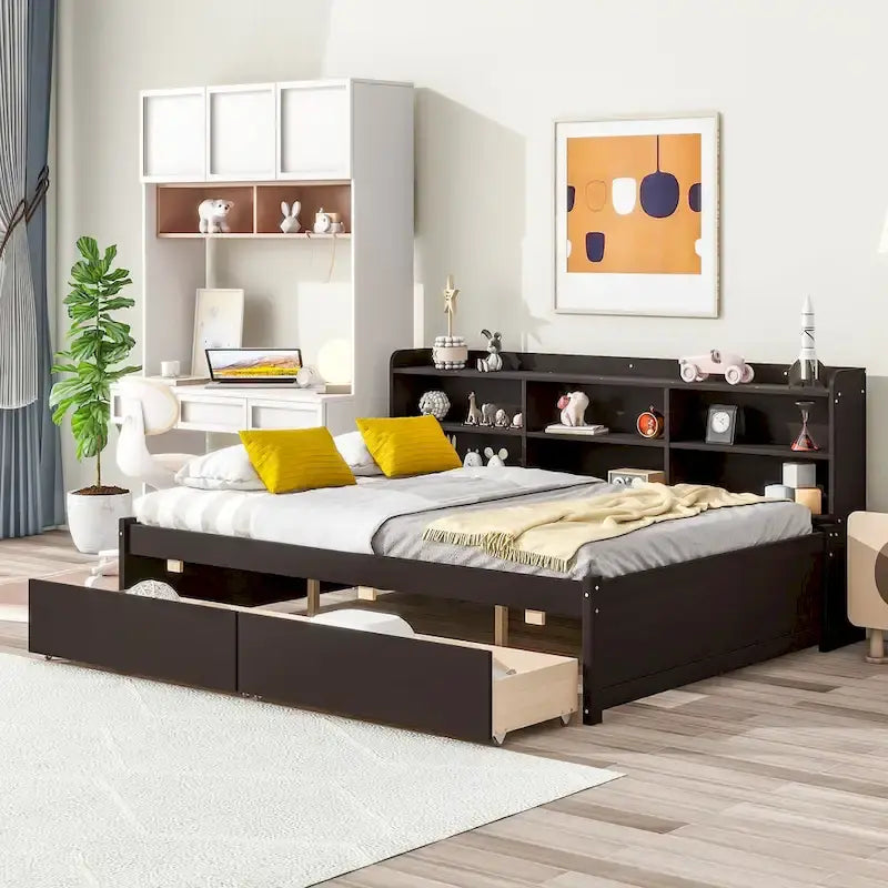 Full Bed with Side Bookcase Drawers