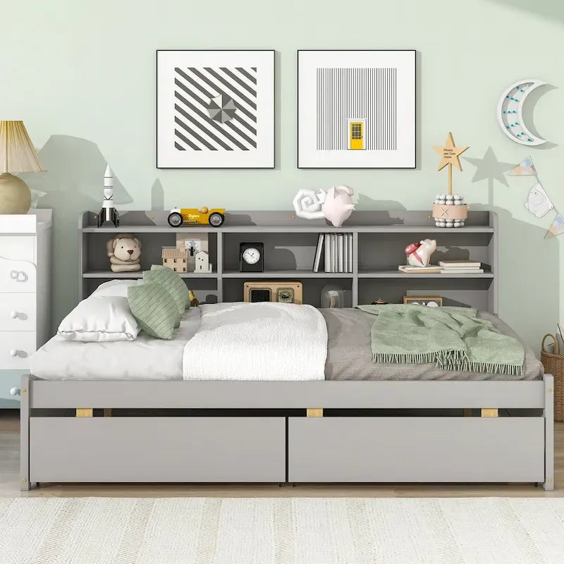 Full Bed with Side Bookcase Drawers