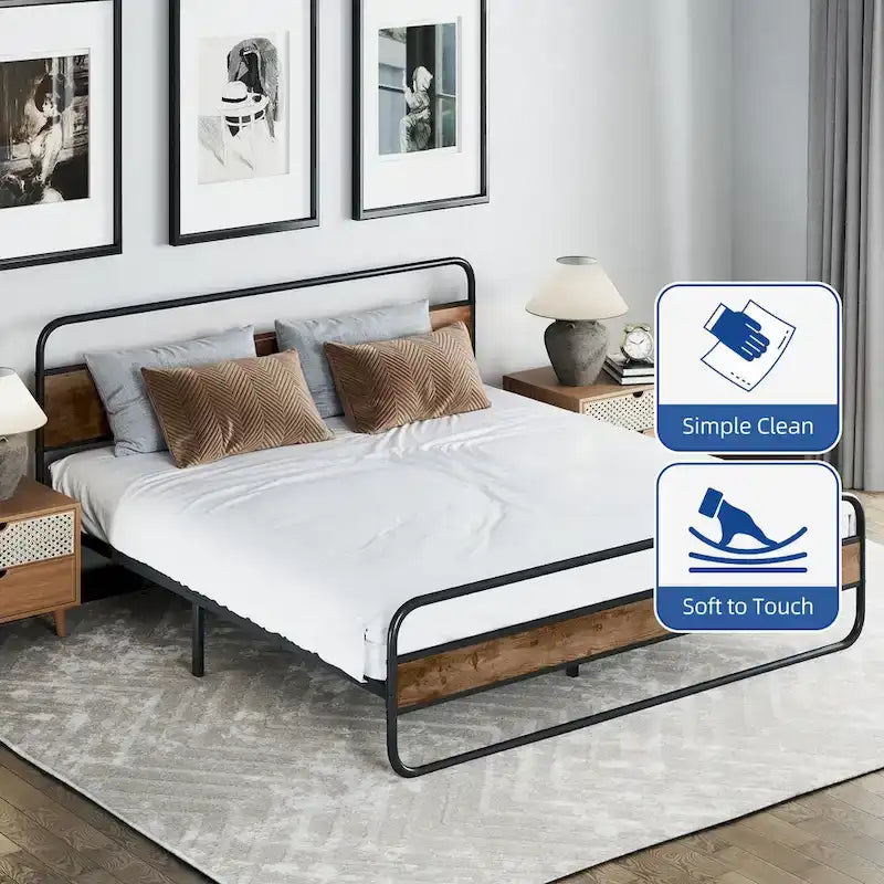Moasis Metal Platform Bed Frame with Wooden Headboard