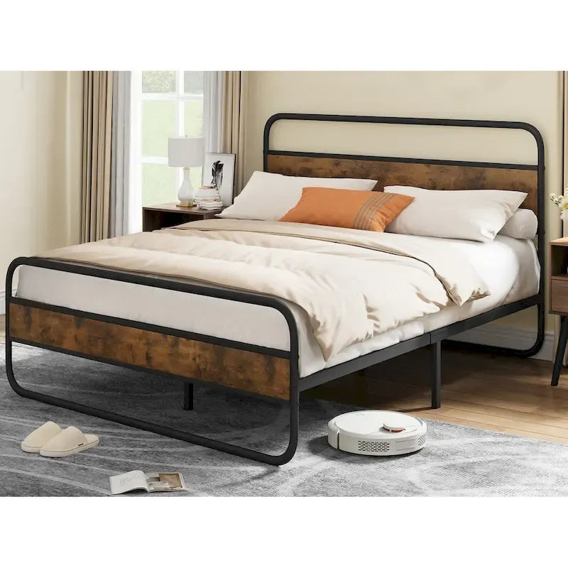 Moasis Metal Platform Bed Frame with Wooden Headboard