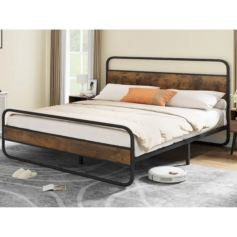 Moasis Metal Platform Bed Frame with Wooden Headboard