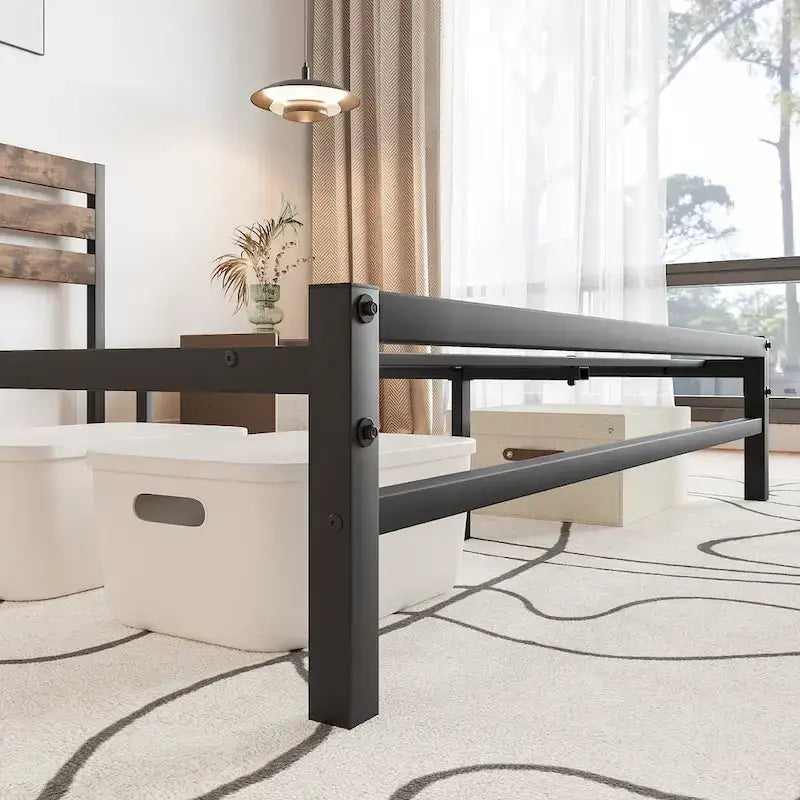 Queen Size Platform Bed Frame with Rustic Vintage Wood Headboard, Strong Metal Slats Support Mattress Foundation