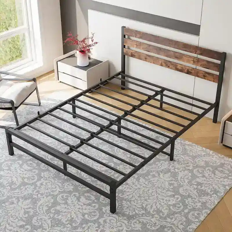 Queen Size Platform Bed Frame with Rustic Vintage Wood Headboard, Strong Metal Slats Support Mattress Foundation