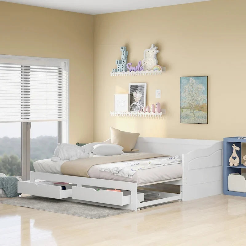 Wooden Extendable Sofa Bed, Daybed with Trundle and 2 Storage Drawers
