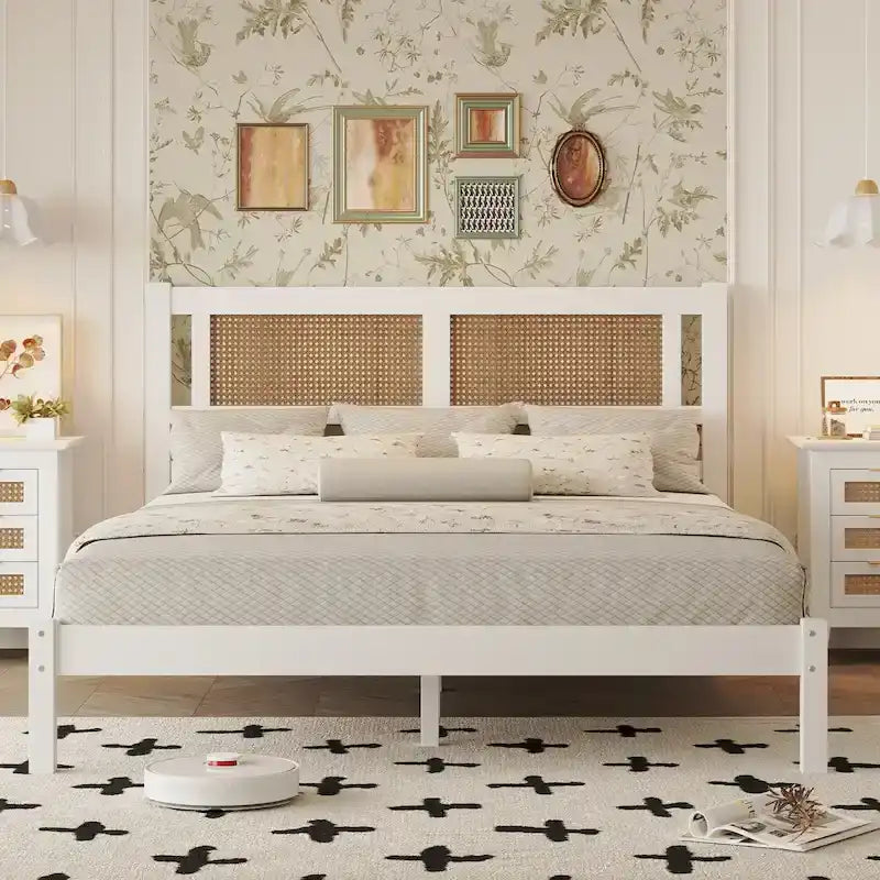Wooden Platform Bed with Natural Rattan Headboard