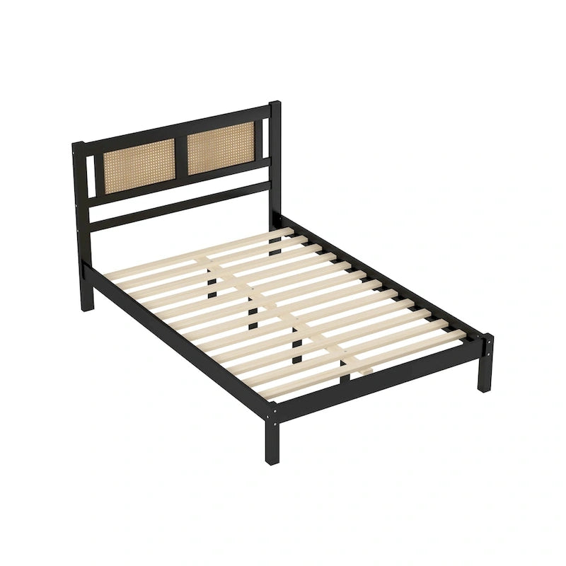Wooden Platform Bed with Natural Rattan Headboard