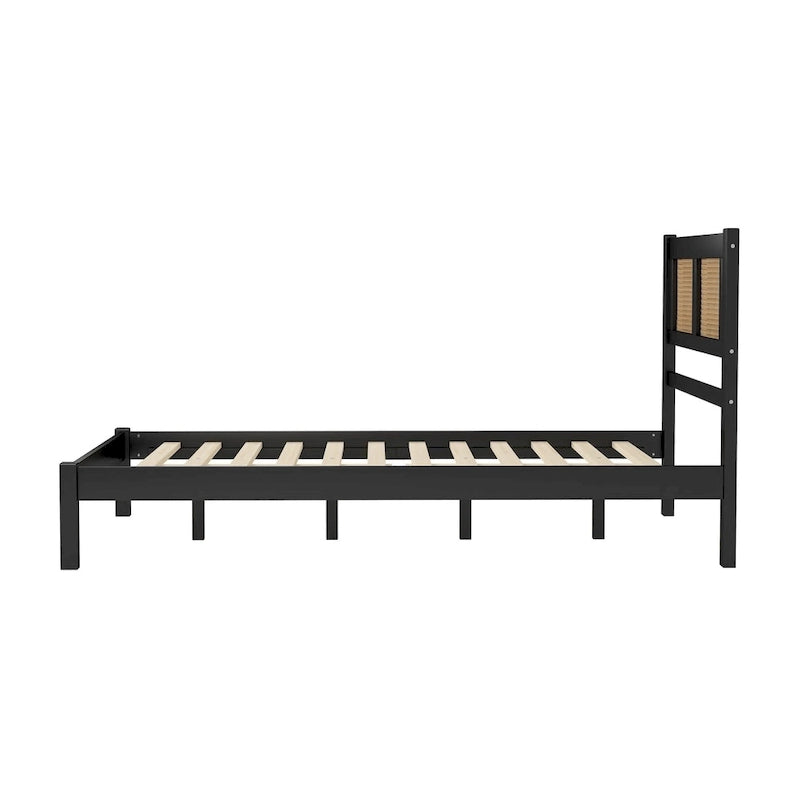 Wooden Platform Bed with Natural Rattan Headboard