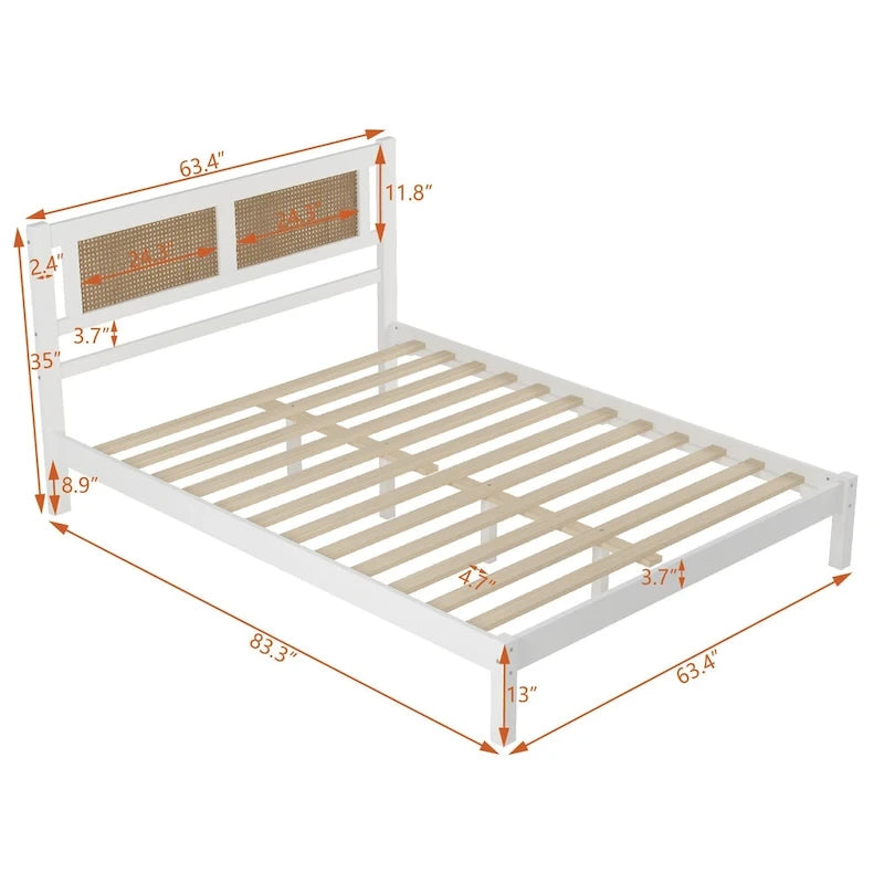 Wooden Platform Bed with Natural Rattan Headboard