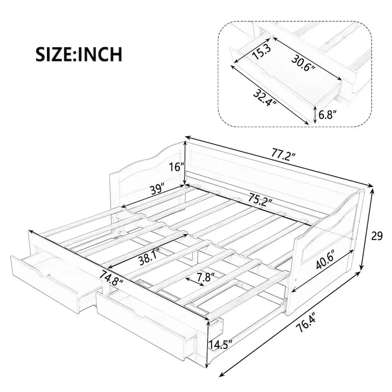 Wooden Daybed with Trundle Bed and Two Storage Drawers