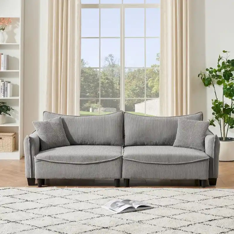 2345 Green Corduroy Fabric, Sofa Can Be Converted Into A Sofa Bed with Two Throw Pillows