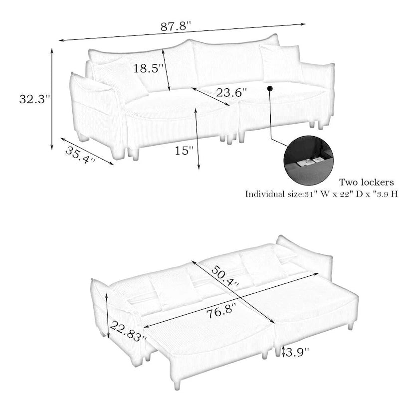 2345 Green Corduroy Fabric, Sofa Can Be Converted Into A Sofa Bed with Two Throw Pillows
