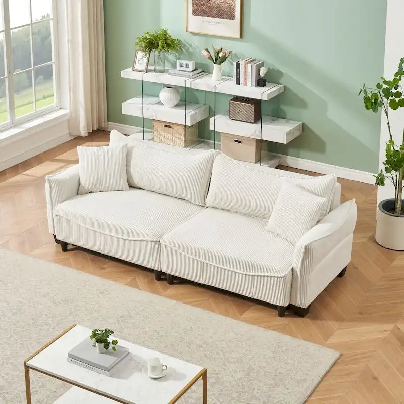 2345 Green Corduroy Fabric, Sofa Can Be Converted Into A Sofa Bed with Two Throw Pillows