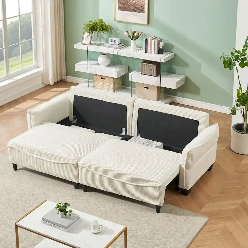 2345 Green Corduroy Fabric, Sofa Can Be Converted Into A Sofa Bed with Two Throw Pillows