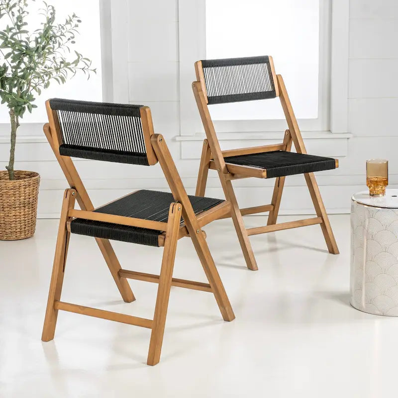 Kiawah Coastal Modern Wood Roped Folding Chair with Adjustable Back, Black/Natural (Set of 2) by JONATHAN Y
