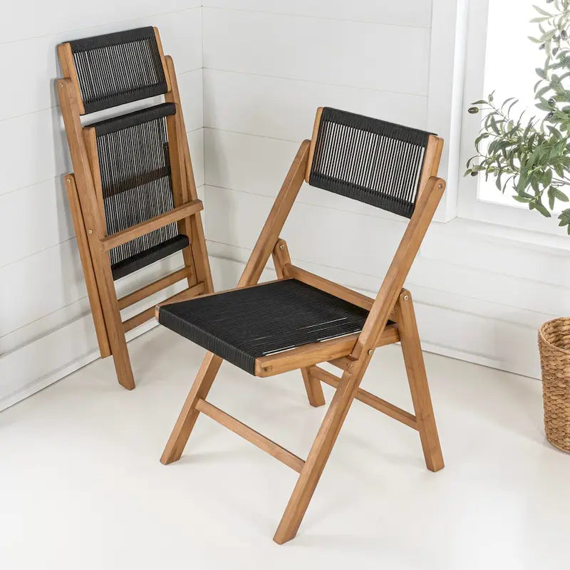 Kiawah Coastal Modern Wood Roped Folding Chair with Adjustable Back, Black/Natural (Set of 2) by JONATHAN Y