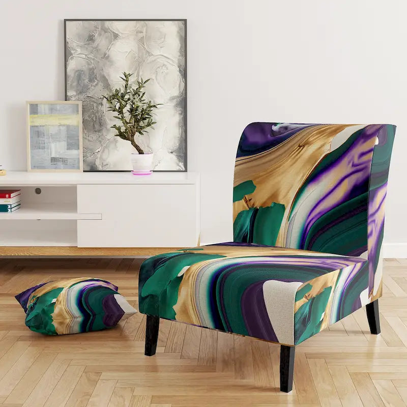 Designart Purple, Green And Gold Bold Strokes I Upholstered Modern & Contemporary Accent Chair and Modern Arm Chair