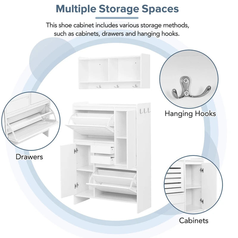 Shoe Cabinet with Wall Cabinet, Space-saving Design Foyer Cabinet with 2 Flip Drawers, Versatile Side Cabinet for Hallway, White