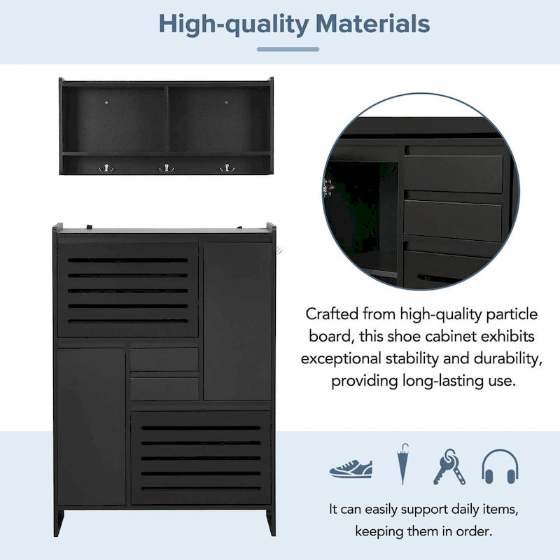 Shoe Cabinet with Wall Cabinet, Space-saving Design Foyer Cabinet with 2 Flip Drawers, Versatile Side Cabinet for Hallway, White