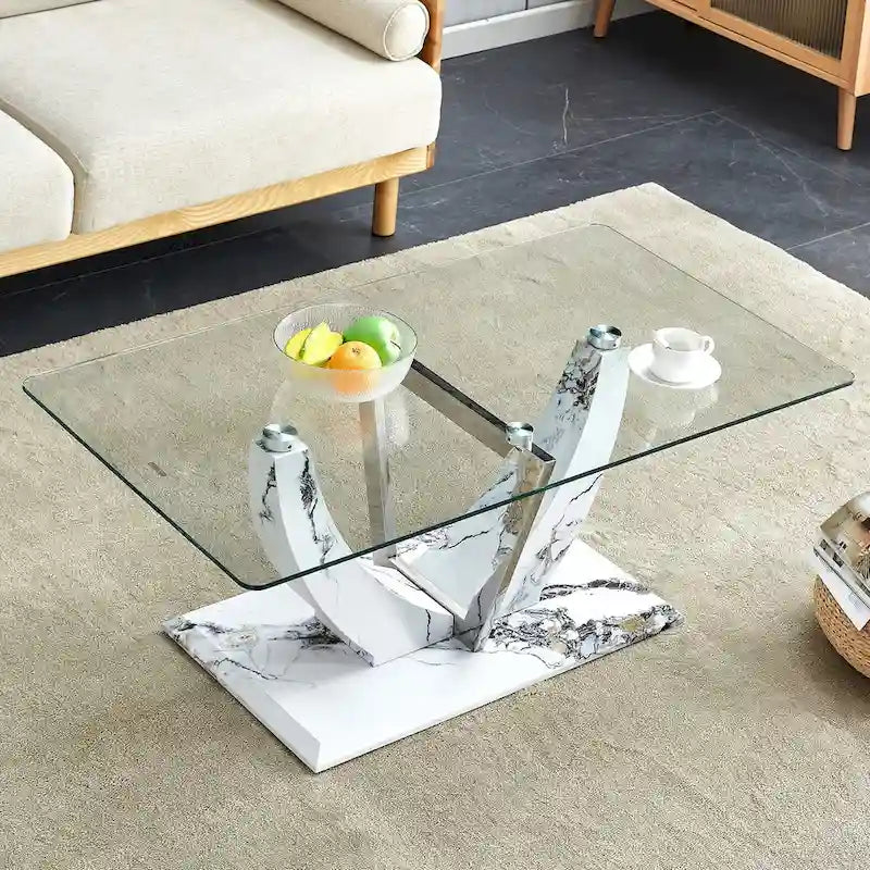 Modern minimalist transparent tempered glass coffee table with marble patterned MDF legs and stainless steel decorative columns