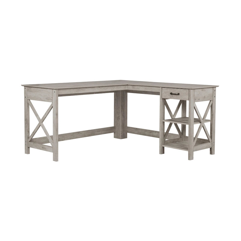 Saint Birch Honduras Washed Gray L-Shape Desk with 1 Drawer and 1 Open Shelf