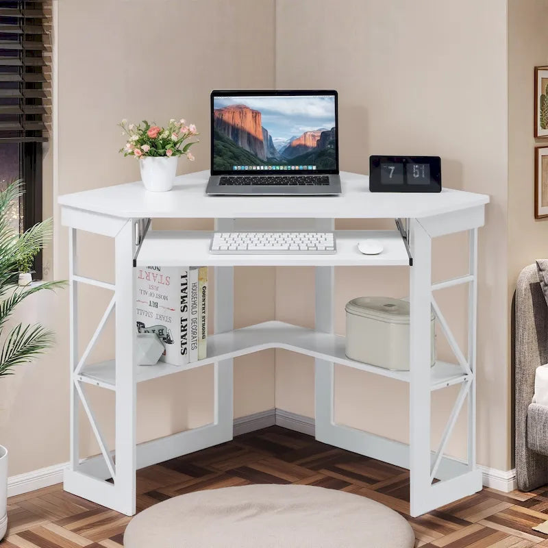 Javlergo Corner Desk with Keyboard Tray, Study Writing Computer Table for College Dorm Home Office