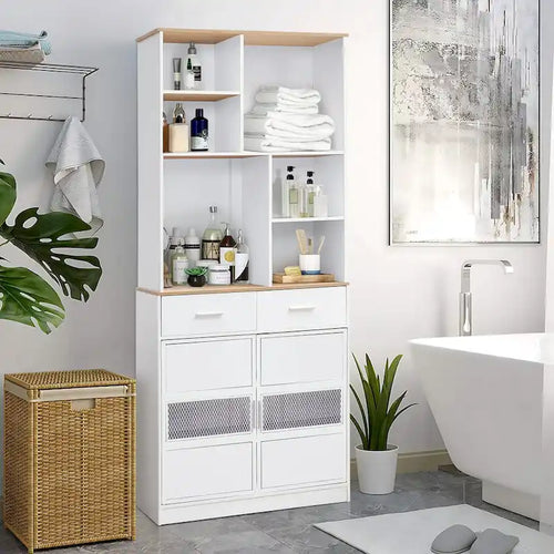72 Height Freestanding Linen Tower Cabinet Tall Large Floor Storage Cabinet for Home Kitchen Bathroom Living Room White