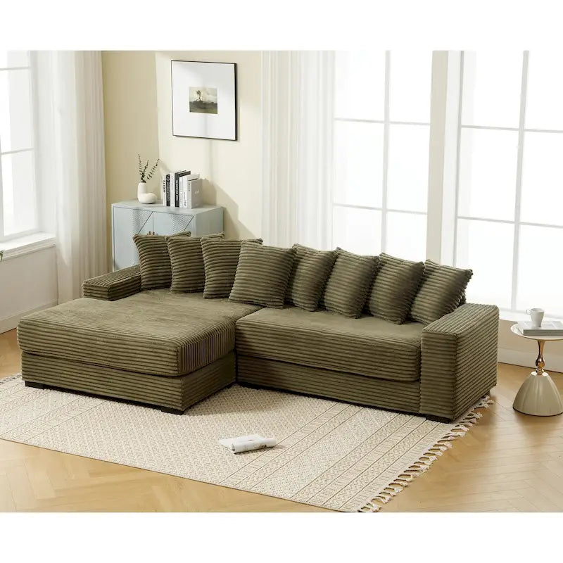 Oversized L Shaped Sofa Corduroy with Chaise Daybed with Armrests and Eight Throw Pillows