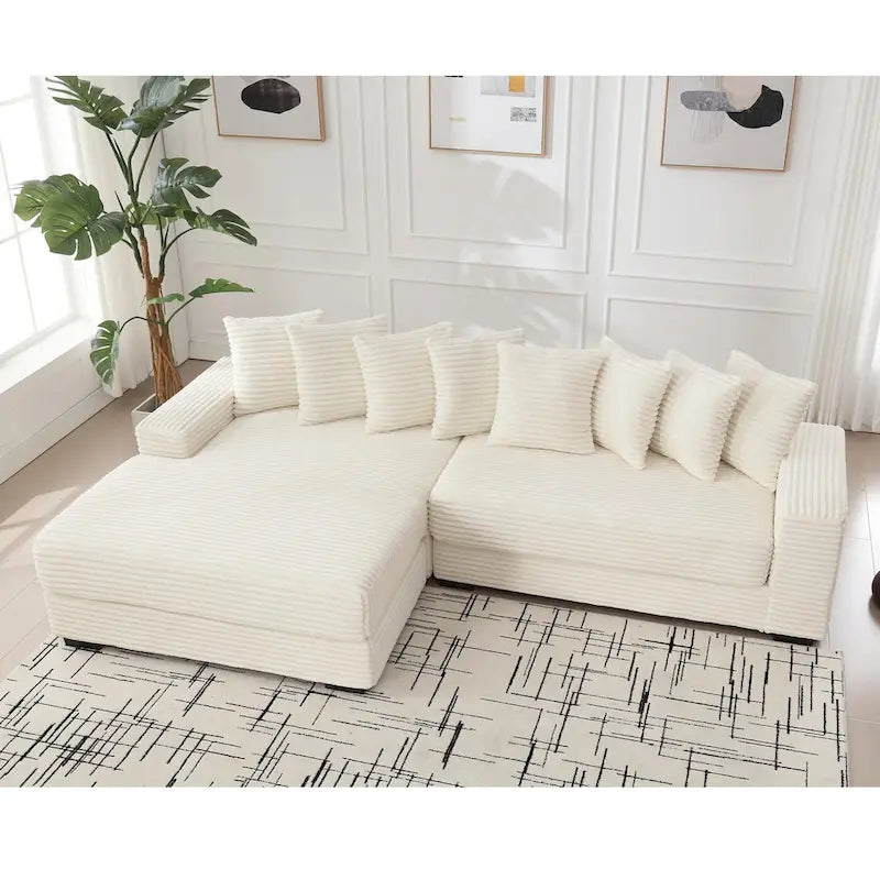 Oversized L Shaped Sofa Corduroy with Chaise Daybed with Armrests and Eight Throw Pillows