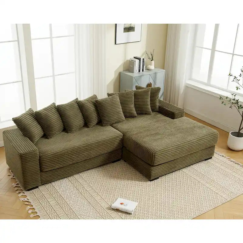 Oversized L Shaped Sofa Corduroy with Chaise Daybed with Armrests and Eight Throw Pillows