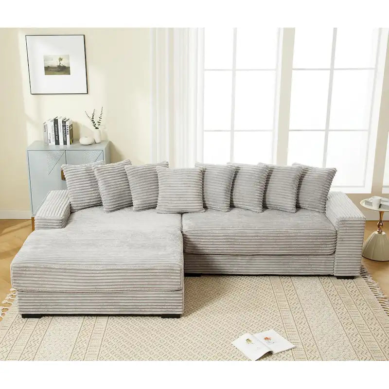 Oversized L Shaped Sofa Corduroy with Chaise Daybed with Armrests and Eight Throw Pillows