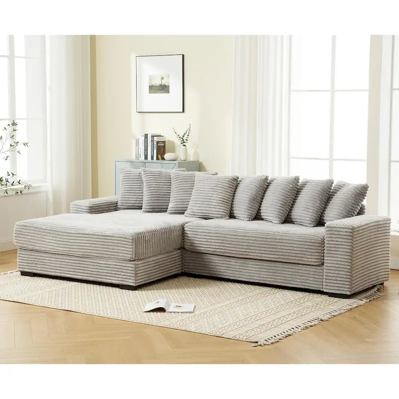 Oversized L Shaped Sofa Corduroy with Chaise Daybed with Armrests and Eight Throw Pillows