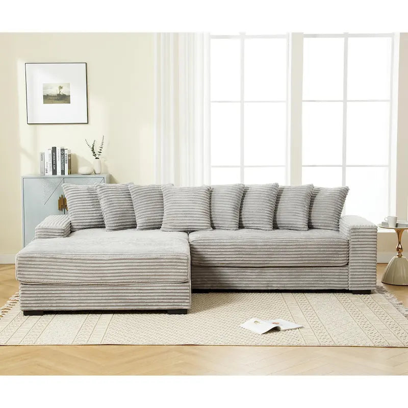 Oversized L Shaped Sofa Corduroy with Chaise Daybed with Armrests and Eight Throw Pillows