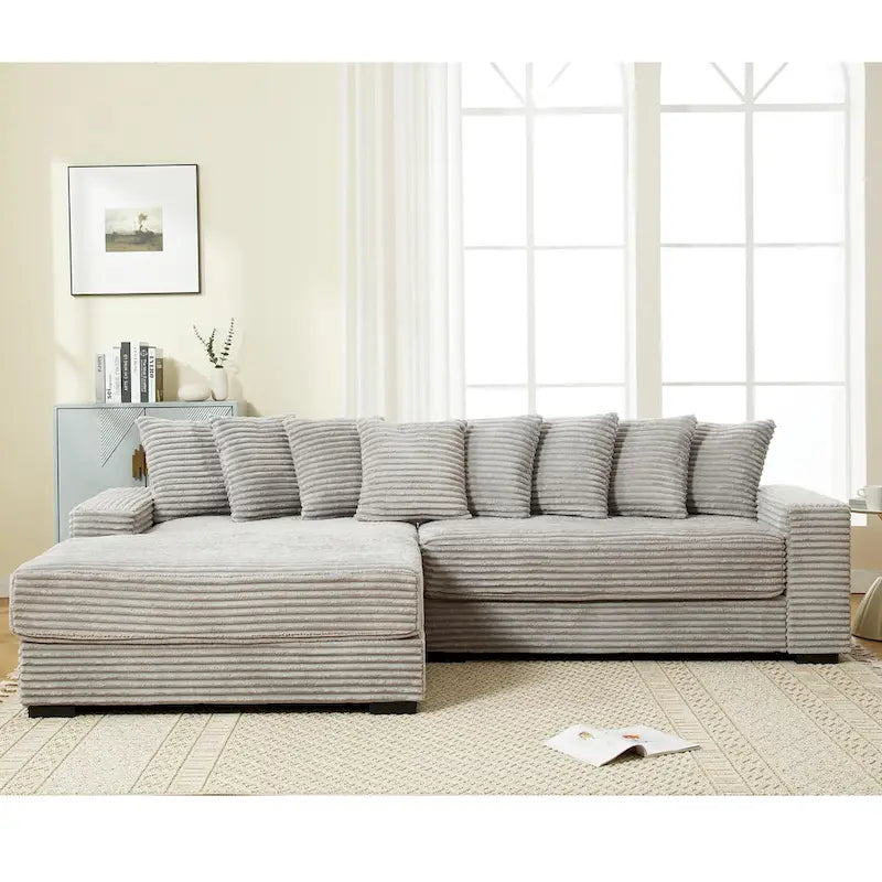 Oversized L Shaped Sofa Corduroy with Chaise Daybed with Armrests and Eight Throw Pillows