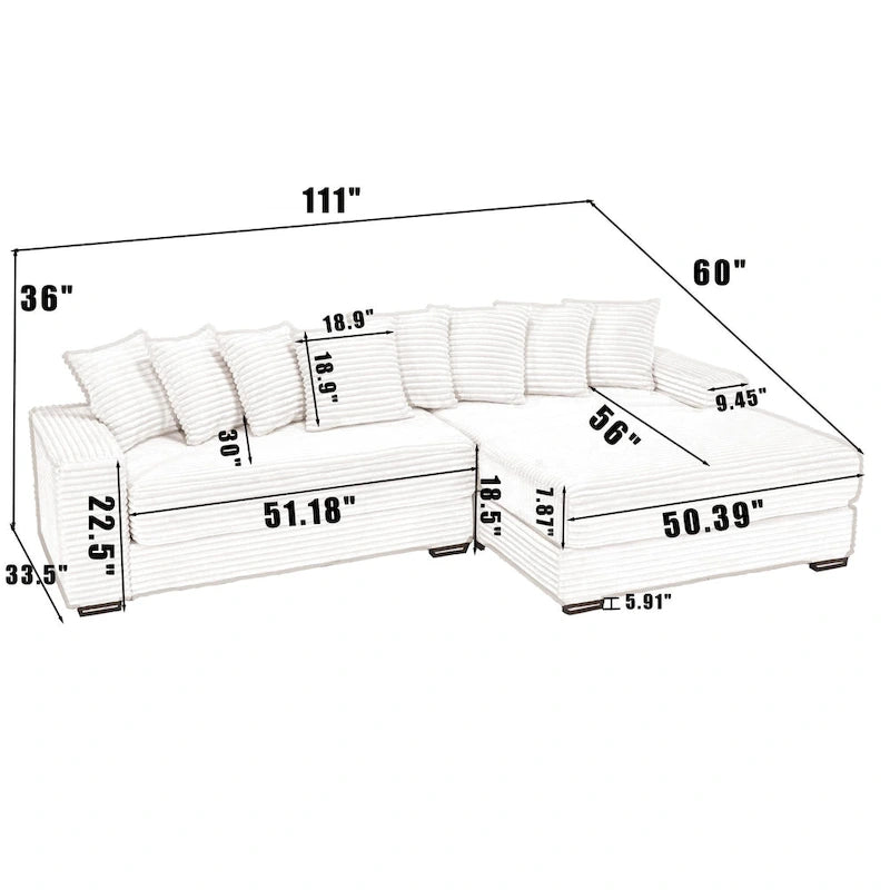 Oversized L Shaped Sofa Corduroy with Chaise Daybed with Armrests and Eight Throw Pillows