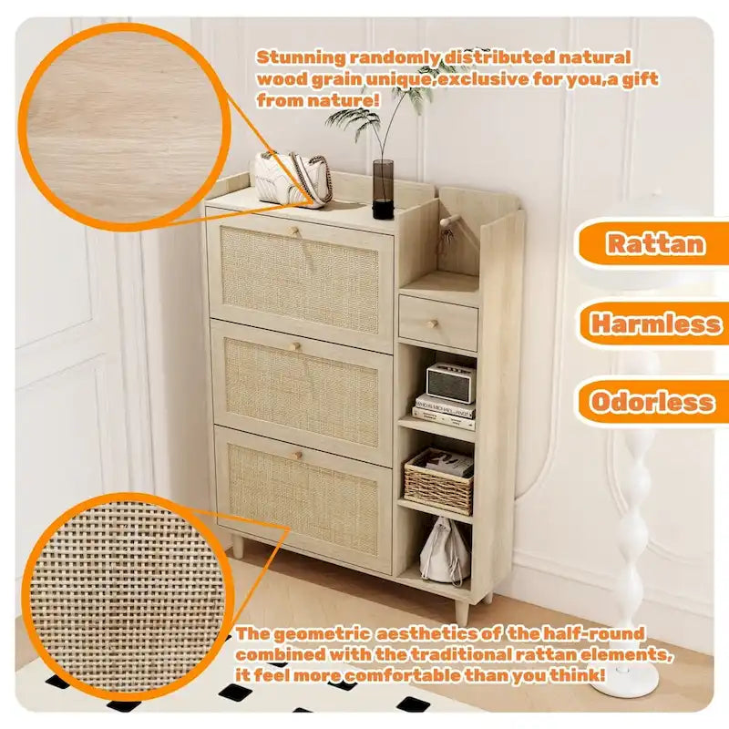Shoe Cabinet, Shoe Rack Cabinet with 3 Rattan Flip Drawers,3 Square Shelves and 1 Storage Drawer