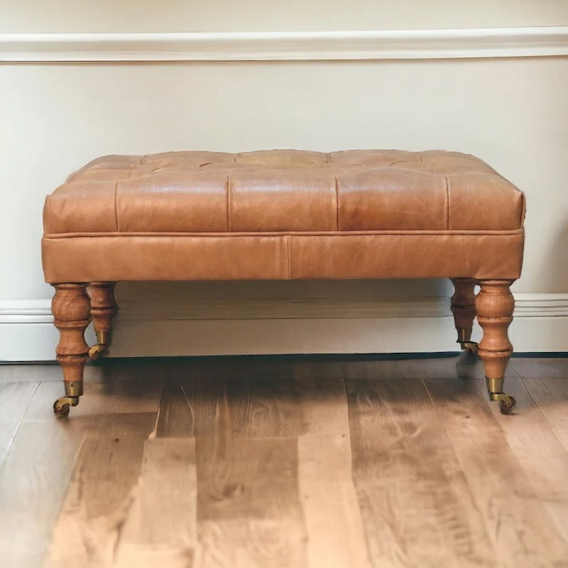 Artisan Furniture Solid Wood Buffalo Tan Leather Ottoman with Castor Legs