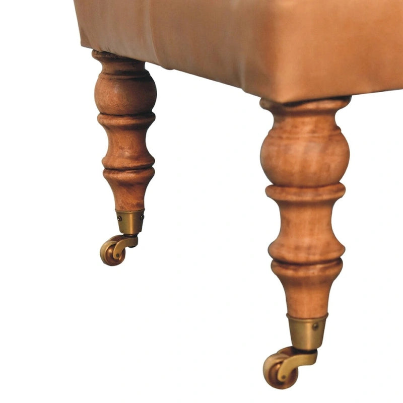 Artisan Furniture Solid Wood Buffalo Tan Leather Ottoman with Castor Legs